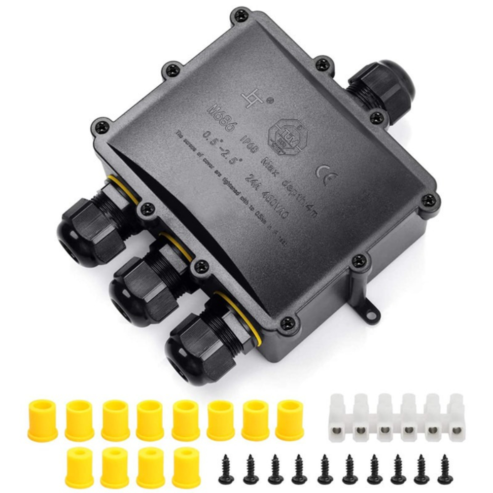 Outdoor Power Cable Junction Box - 4Way 1In3Out IP68 防水 4-14 ミリメートル太陽光発電コード